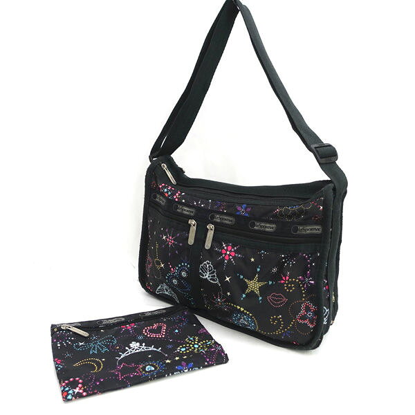 LESPORTSAC / レスポートサック ■ショルダーバッグ ジュエリー柄 ナイロン ブラック ポーチ付き 【バッグ/バック/BAG/鞄/カバン】 ブランド【中古】