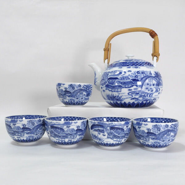 乐天商城 - 五代目喜八 大吉窯 ◆【和食器】五代目喜八 大吉窯/染付山水 茶器揃(急須 湯呑5) すまい 雑貨 インテリア ギフト【中古】