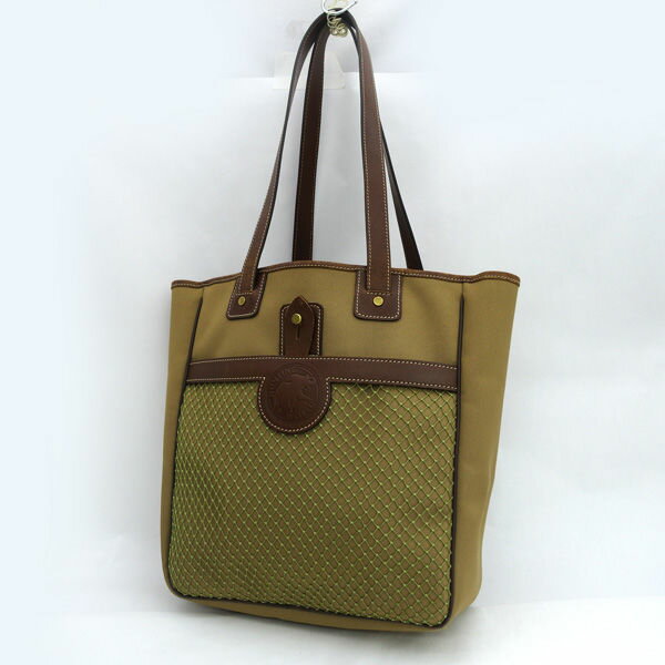 HUNTING WORLD / ハンティングワールド ◆トートバッグ メッシュポケット レザー×キャンバス カーキ×ブラウン 【バッグ/バック/BAG/鞄/カバン】 ブランド【中古】