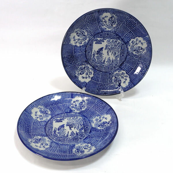 Rakuten - 有田焼 ◆【和食器】有田焼/古伊万里染付山水昔絵大皿(2枚組) 雑貨 アンティーク 有田焼 ギフト【中古】
