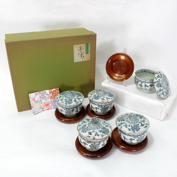 有田焼 ◆【和食器】有田焼/藍染唐草茶托付染付湯呑揃(5客) K6758 ギフト【未使用】