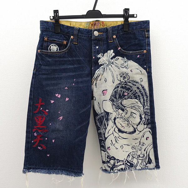 乐天商城 - 豊天商店 ◆ハーフデニムパンツ/刺繍/大黒天/インディゴ/サイズM BU082042 【メンズ/MEN/男性/ボーイズ/紳士】 メンズファッション【中古】