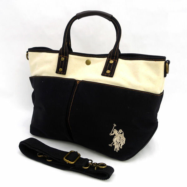 Rakuten - U.S. POLO ASSN　/　ユーエスポロアッスン ◆トートバッグ/2way/キャンバス/ホワイト×ブラック 【バッグ/バック/BAG/鞄/カバン】 レディースファッション【中古】