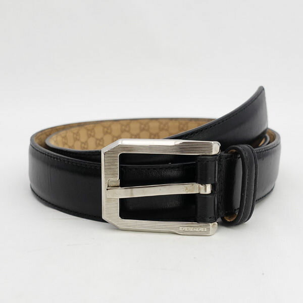 Rakuten - GUCCI / グッチ ◆レザーベルト 内GG ブラック ロゴ シルバーバックル 245900 1766 【メンズ/MEN/男性/ボーイズ/紳士】 ブランド【中古】