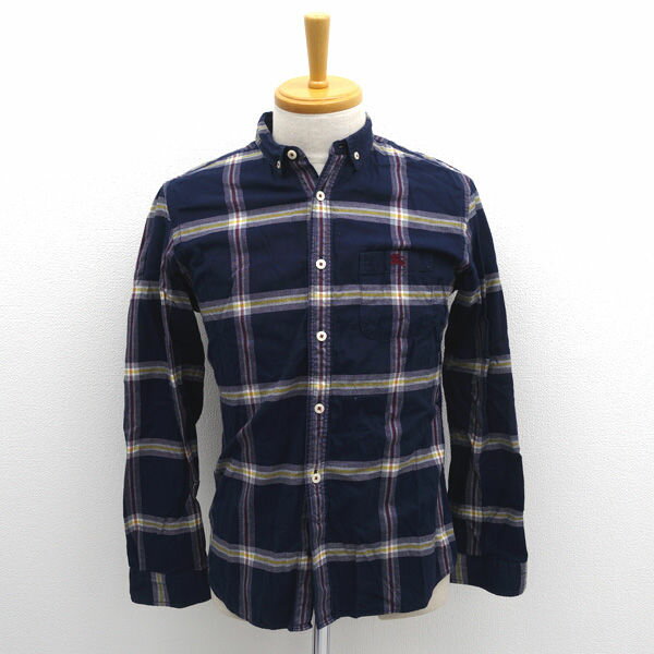 樂天商城 - BURBERRY BLACK LABEL / バーバリーブラックレーベル ◆長袖シャツ/チェック柄/ボタンダウン/ネイビー/サイズ2 D1M14-513-28 【メンズ/MEN/男性/ボーイズ/紳士】 メンズファッション【中古】