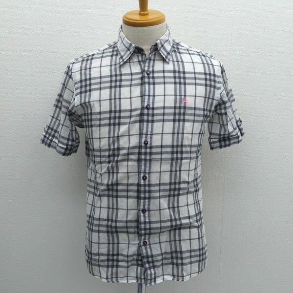 樂天商城 - BURBERRY BLACK LABEL / バーバリーブラックレーベル ◆半袖シャツ/チェック柄/ホワイト×グレー/サイズ2 BMW13-907-03 【メンズ/MEN/男性/ボーイズ/紳士】 メンズファッション【中古】