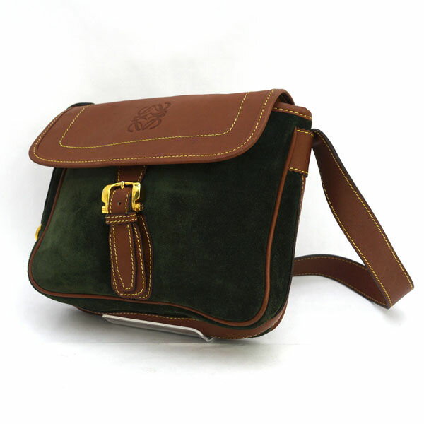 樂天商城 - LOEWE / ロエベ ◆アナグラム スエード ショルダーバッグ ブラウン グリーン 【バッグ/バック/BAG/鞄/カバン】 ブランド【中古】