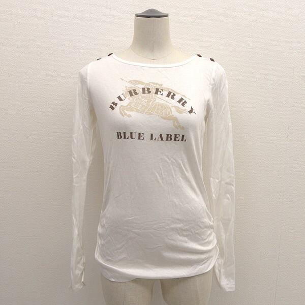 BURBERRY BLUE LABEL / バーバリーブルーレーベル ◆長袖Tシャツ/肩ボタン装飾/ロゴ/ホワイト/サイズ38 E1P99-630-02 【レディース/ガールズ/LADY/女性/婦人】 レディースファッション【中古】