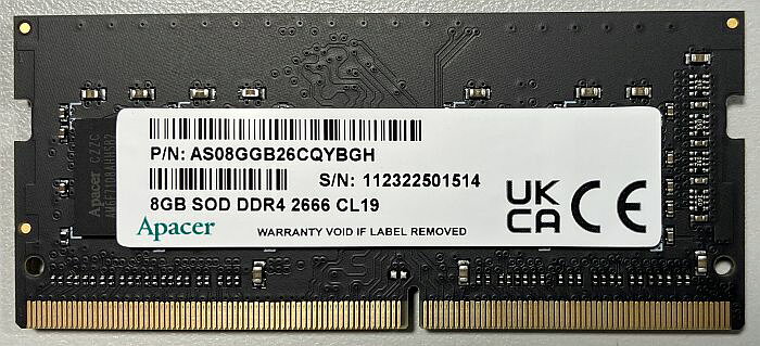 Apacer アペイサー DDR4-2666 PC4-21300 8GB SO-DIMM CL19 1.2V ノートPC用メモリ AS08GGB26CQYBGH バルク品
