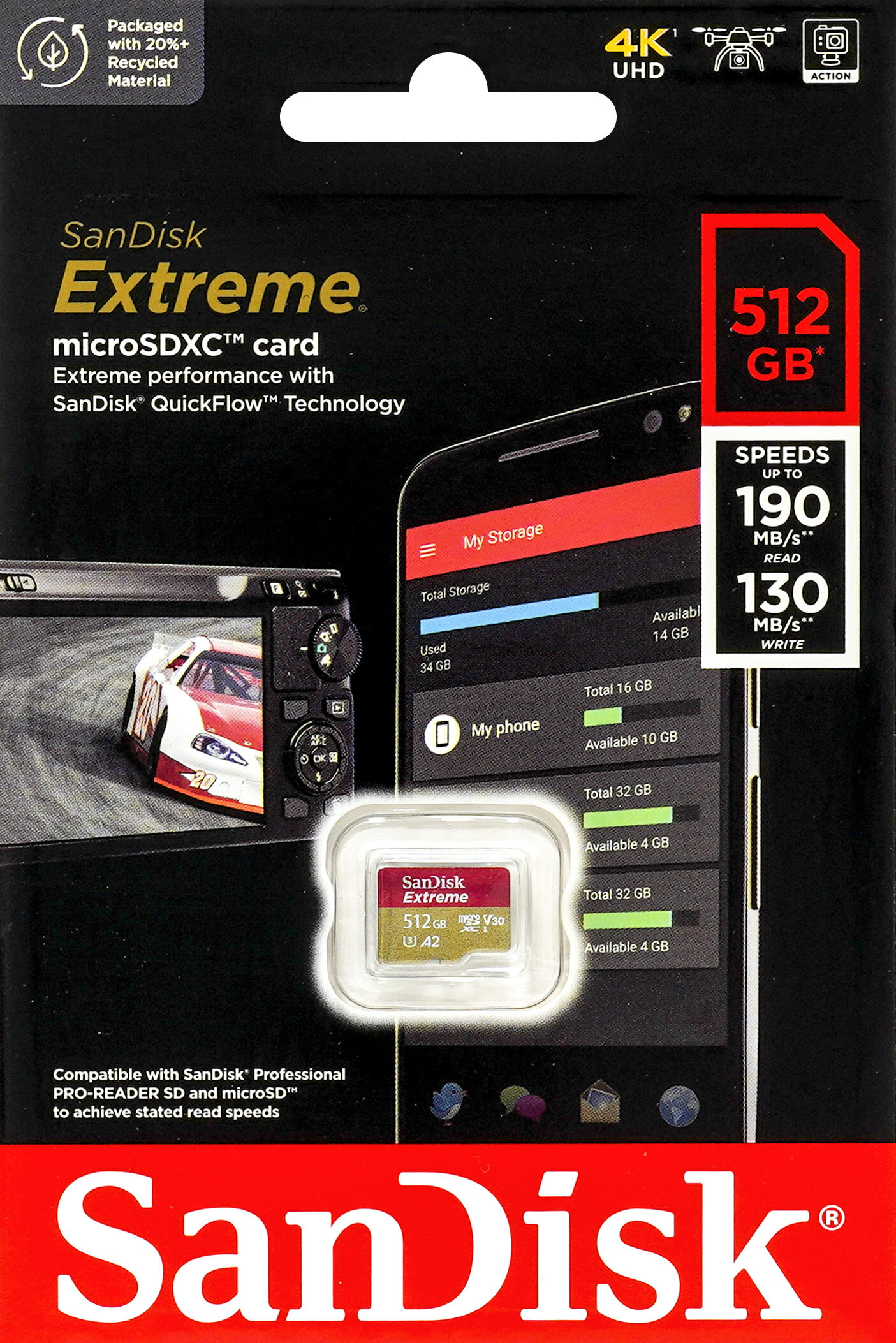 SanDisk サンディスク Extreme 512GB microSDXCカード UHS-I U3 V30 A2 (R:190MB/s W:130MB/s) SDSQXAV-512G-GN6MN