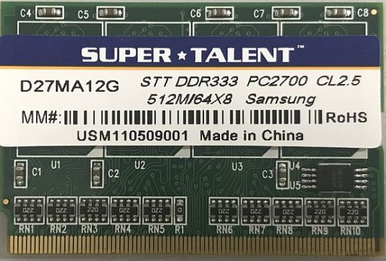 SUPER TALENT PC2700 DDR333 MicroDIMM 512MB 新品バルク 旧レッツノート VAIO BIBLO FLOLA等に使えます！D27MA12G