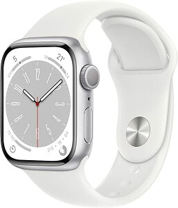 Apple Watch Series 8 GPSモデル、41mmケース シルバーアルミニウムケースとホワイトスポーツバンド レギュラーを組み合わせたスマートウォッチ。フィットネストラッカー、血中酸素ウェルネスアプリと心電図アプリ、常時表示Retinaディスプレイ、耐水性能