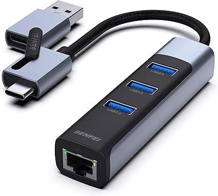BENFEI 2in1 USB C/3.0 有線LANアダプタ、3 USB ポート イーサネットアダプター 10/100/1000Mbps RJ45 ギガビット iPhone 15 Pro/Max, MacBo3, XPS 17 などに対応