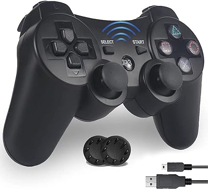 ANKDELL PS3 コントローラー 【2024新版】 Bluetooth ワイヤレス ゲームパッド usbケーブル DUALSHOCK3 用 ワイヤレスコントローラー 振動機能 充電式コントローラー アシストキャップ 2枚付き (ブラック)