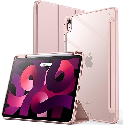 JEDirect iPad Air 5/4 ケース 10.9 インチ (第5/4世代、2022/2020モデル用) Pencil収納可能透明バックカバー 薄型 スタンド 衝撃吸収 タブレットカバー オートウェイク/スリープ機能 (ローズゴールド)