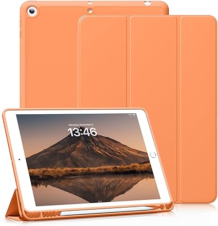 KenKe 新型 iPad 第9世代 ケース 10.2 インチ (2021/2020/2019モデル) 軽量 柔らかいシリコン TPU材質ペン 収納 iPad9 / 8 / 7 カバー 3段階折り畳み可 スタン第7世代 カバー (オレンジ)
