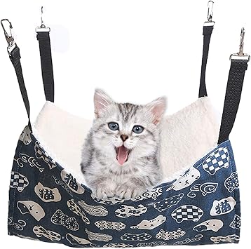 猫 ハンモックはんもっくキャット 椅子 ケージ用 大きい 耐荷重10KG サイズ調整可能 58cm x 48cm ペット 遊び場 通気性 金具丈夫 冬夏両用（和風猫ブルー）