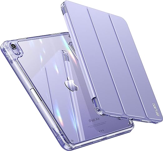 INFILAND iPad Air 第5世代/第4世代 2022/2020 用 ケース ipad 10.9インチ カバー ペンホルダー付き 軽量 薄型 裏全透明カバー 耐衝撃 三つ折り保護カバー スマート オートスリープ機能 (Purple1)
