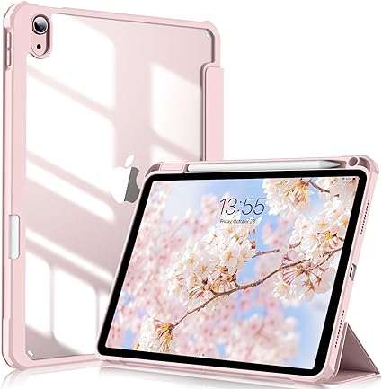 KenKe iPad Air 5 ケース 2022 / iPad Air 4 ケース 2020 10.9インチ (第5/4世代、2022/2020モデル用) PC 透明バックカバー 軽量 薄型 傷つけ防止 PUンド スリープ機能 (ピンク)