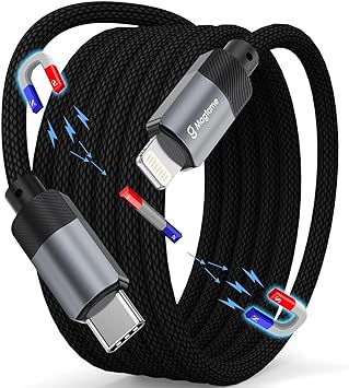 ライトニングケーブusb-c 磁気自動収納 タイプcライトニング 金属製コネクタ iphone- 充電ケーブルタイプc 認証 lightning usb-c二重ナイロン急速充電 iPhonds/等対応(ブラック-1M)