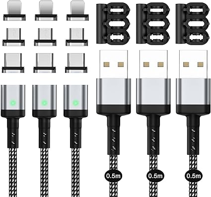 SUNTAIHO マグネット 充電ケーブル 3A急速充電USB充電 磁気ケーブル【0.5M/3本セット/9個磁気端子/】データ転送にも対応したマグネット式USBマグネット充電コード USB Type-C、MicLED付き- SYCX-001