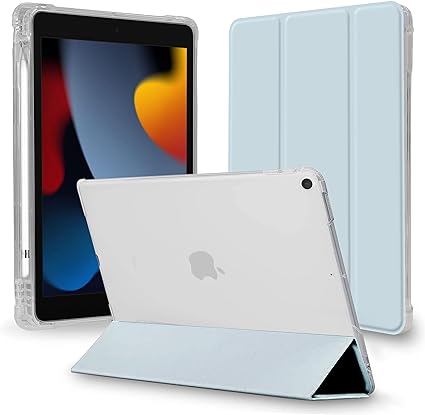 MS factory iPad 9世代 ケース 第9世代 第8世代 第7世代 用 アイパッド 10.2 カバー 耐衝撃 ペン収納 軽量 衝撃吸収 半透明 オートスリープ スタンド アリス ブルー 水色 IPD-7-S-CLH-LSK