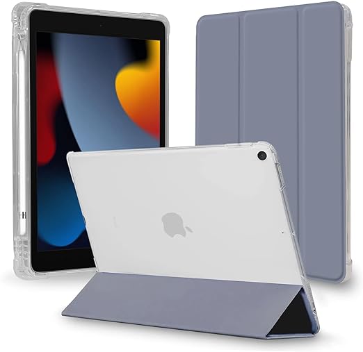 MS factory iPad 9世代 ケース 第9世代 第8世代 第7世代 用 アイパッド 10.2 カバー 耐衝撃 ペン収納 軽量 衝撃吸収 半透明 オートスリープ スタンド ラベンダー グレー IPD-7-S-CLH-LAVG