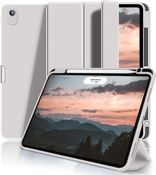 Aoub iPad Air 第5世代 ケース 2022 iPad Air 第4世代 ケース 2020年 10.9 インチ カバー ペン収納 オートスリープ/ウェイク機能対応 ホルダー付・ Apple Penci折りスタンド ホワイトグレー 