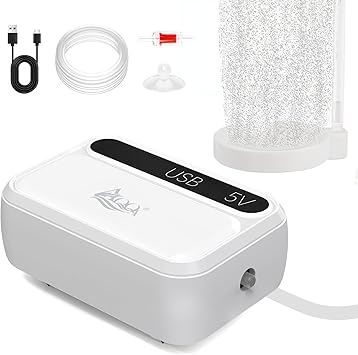 水槽 エアーポンプ usb給電式エアーポンプ 微細な気泡 小型水槽向け 静音 コンパクト 小型 軽量 持ち運びも簡単 酸素ポンプ ぶくぶく エアレーション メダカ 金魚 水耕栽培 日本語説明書付き (ホワイト, 1W)