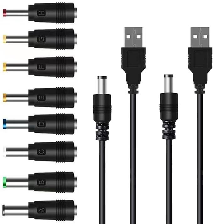 TJK USBケーブル セット 8 in (1*2) DC電源ケーブル USB-丸口 変換プラグ付き DC充電コード 5.5x2.5/5.5x2.1mm 扇風機 ナイトライト 目覚まし時計 などに適用 3.5*(ケーブル2本+8変換プラグ)