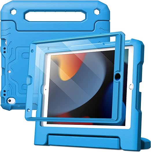 JEDirect 子供用 iPad 10.2インチ ケース (第9/8/7世代、2021/2020/2019) 液晶保護フィルム付き 耐衝撃 フルボディハンドルスタンド タブレット保護カバー (ブルー)