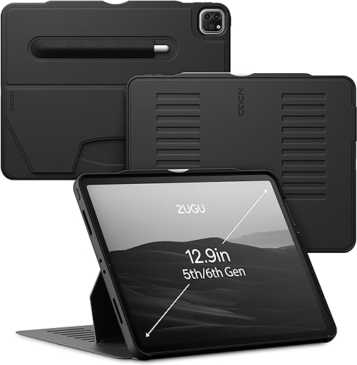 ZUGU iPad Pro 12.9 第6世代 ケース 2022 / 第5世代 2021 極薄 落下衝撃保護 10段階スタンド機能 Apple ペンホルダー ワイヤレス充電 オートスリープ スマートカバー (ブラック)