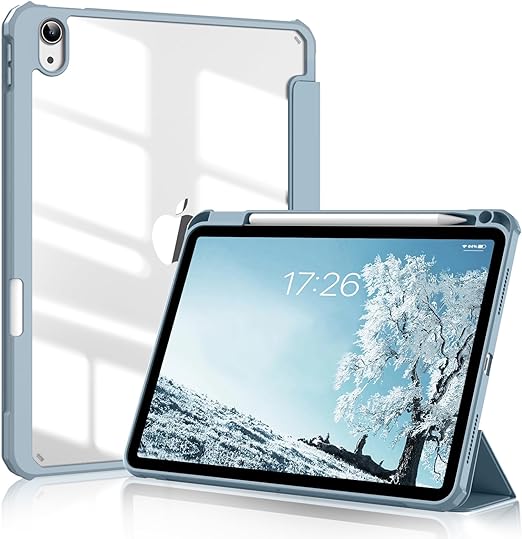 SQBEBS iPad 第10世代 ケース 2022 iPad 10.9インチ 透明バックカバー ペンシルホルダー付き 三つ折りスタンド Touch IDとオートスリープ機能対応 軽量 薄型 傷つけ防止 PU合成レザー TPU スカイブルー