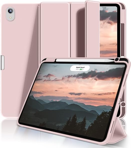 Aoub iPad Air 第5世代 ケース 2022 iPad Air 第4世代 ケース 2020年 10.9 インチ カバー ペン収納 オートスリープ/ウェイク機能対応 ホルダー付・ Apple Penci撃 三つ折りスタンド ピンク 