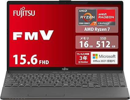 富士通 ノートパソコン FMV LIFEBOOK WAA/J1 (MS Office 2021/Win 11/15.6型/AMD Ryzen 7/16GB/SSD 512GB/スーパーマルチドライブ)ズ FMVWJ1AA71_AZ