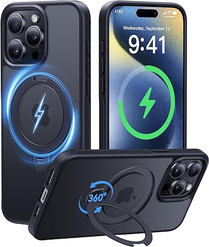 【2024最高傑作&定点360度回転】CASEKOO iPhone 15 Pro 用 ケース 超強磁力 MagSafe対応 米軍MIL規格 耐衝撃 高耐久性 【横縦両立・角度調整】指紋防止/マット仕上げ/黄変防15pro ケース（ブラック）