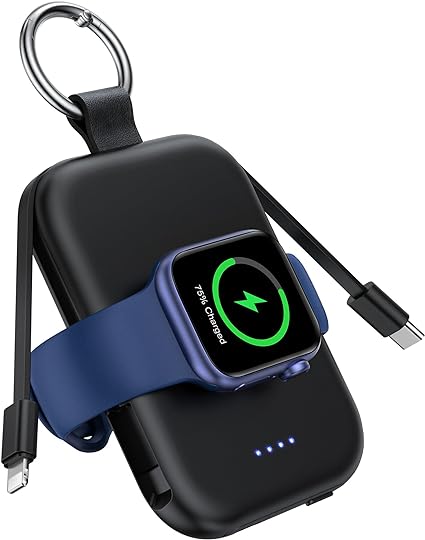 【2023年新登場】RORRY モバイルバッテリー apple watch 充電器 ワイヤレス充電 5000mAh 2本ケーブル内蔵 【iPhone用+Type-Cケーブル内蔵】 アップルウォッチ対応 applAndroidに対応 ブラック