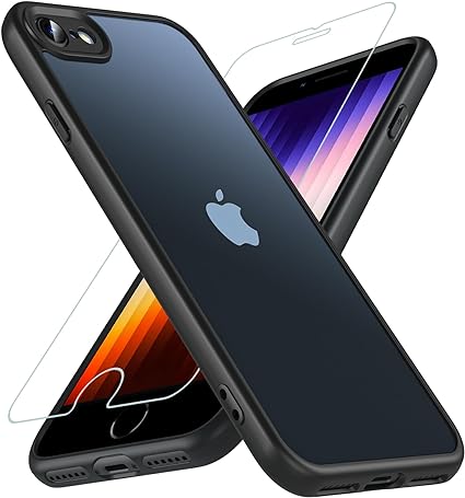 OWKEY iPhone SE ケース iPhone SE3 ケース iPhone SE2 ケース iPhone8 ケース【ガラスフィルム付き】半透明 薄型 軽量 アイフォンse スマホケース 米軍MIL規格 ケース 4.7インチ ブラック