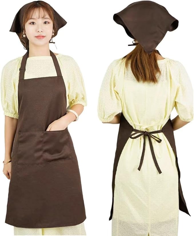 樂天商城 - エプロン+三角巾 レディース メンズ【撥水加工】首掛けタイプ サイズ調整可能 男性用 女性用 無地 動きやすい 2つ ポケット しわになりにくい カフェ おしゃれ 家庭用 学校行事 料理教室 家庭洗濯可 ノンアイロン 脱着簡単 (茶色-首掛