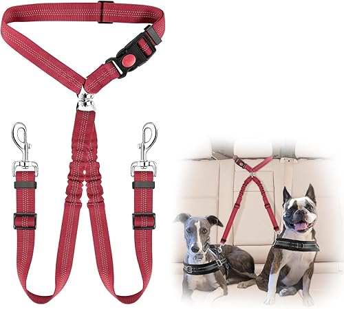 樂天商城 - 犬 シートベルト 車専用リード 助手席 飛び出し防止ヘッドレスト 伸縮性あり 長さ調節可 (レッド（2頭用）)