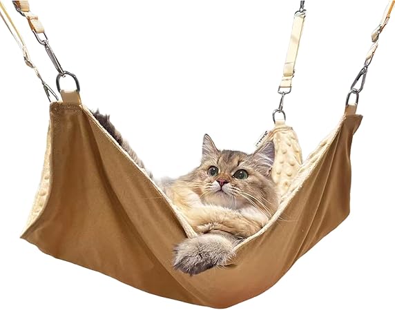 樂天商城 - 猫ハンモック ケージ用 キャットハンモック ベルト調整可能 約58x48cm 耐荷重20KGまで ベッド 冬 保温インナー付き ストラップ独立 3WAY仕様 夏冬両用 通気性 ドットミンキー生地 丸洗い 金具強化 キャメル