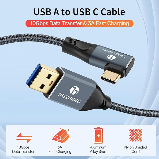 直角USB Cケーブル 1M 10Gbps USB 3.0 AからUSB 3.1 90度ケーブル 90°角度 USB Type CからType A 携帯電話 iPad ノートパソコン Steam Deck タブレット SSD モニターな