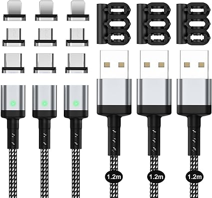 SUNTAIHO マグネット 充電ケーブル 3AUSB充電 磁気ケーブル【1.2M/3本セット/9個磁気端子/】データ転送にも対応したマグネット式USBマグネット充電コード USB Type-C MicroUSB USB Type-L 磁石 防塵 着脱式 For i0S Android USB Magnetic Charging Cable LED付き- SYCX-001