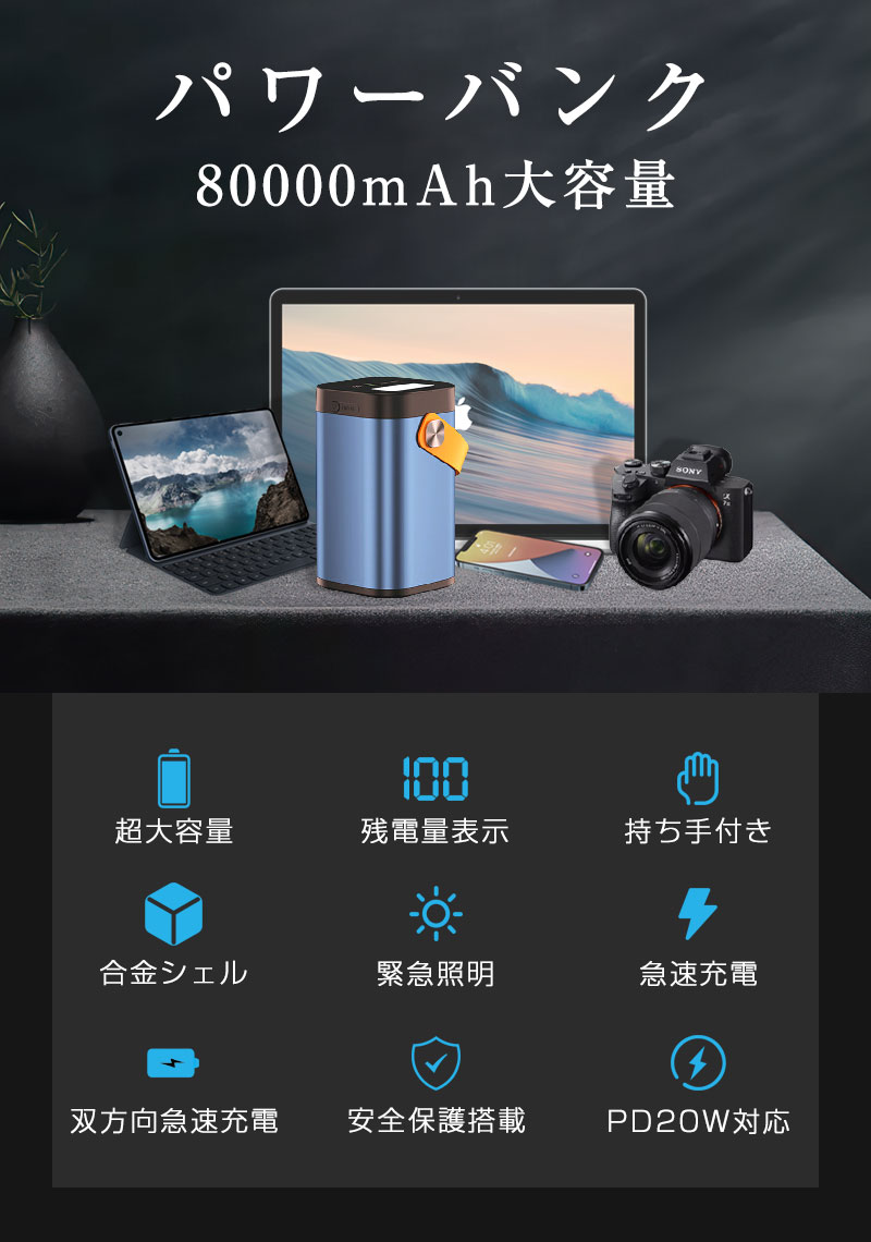 モバイルバッテリー 22.5Wパワーバンク 80000mAh大容量 防災電源 急速充電 家庭用小型蓄電池 いざというときの電源確保！ 屋外パワーステーション ポータブル充電器 携帯電話充電器 2つUSB-A出力 1つType-C出力 3つ入力 同時充電 外部バッテリー ポータブル給電所 送料無料 arcnova-10000447 アークノヴァ 楽天市場店 サンプル画像2