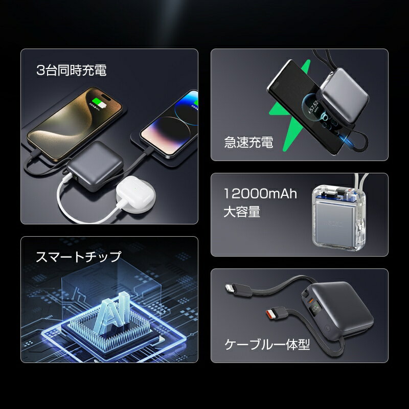 【2025年モデル】モバイルバッテリー 12000mAh 44.4Wh 大容量 急速充電 3台同時充電 ケーブル不要 高品質 ポータブル電池 デジタル残電量表示 iPhone16充電 PD22.5W Type-C入力 QC3.0 軽量 互換性抜群 シンプル 防災グッズ PSE認証 【PL保険加入済み製品・安心】