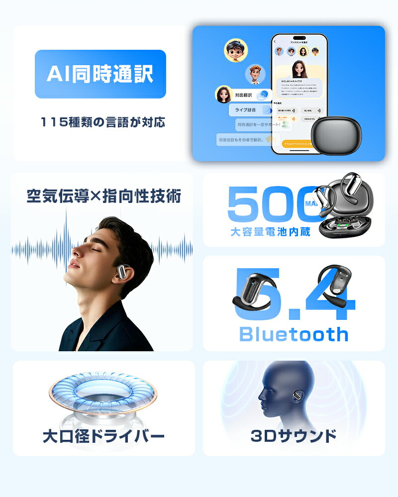 【88％OFF&5倍ポイントで3175円】翻訳イヤホン 完全ワイヤレス AI 翻訳機 115言語対応 高精度 Bluetooth5.4 ヘッドセット 通訳機 空気伝導式 耳を塞がない 開放型 ノイズキャンセリング マイク内蔵 ハンズフリー通話 クリア 2026最新【PL保険加入済み製品・安心】