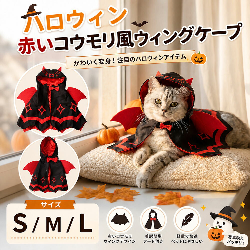 ＼ハロウィンはコレで決まり！／ 悪魔に変身！赤い翼付き ペット用コウモリケープ 着脱簡単 軽量で快適 写真映え間違いなし S〜L ハロウィン 仮装 イベント 記念日にもぴったり ペットコスチューム 犬猫用 デビルウィングケープ 赤いデビルコスチューム ハロウィングッズ