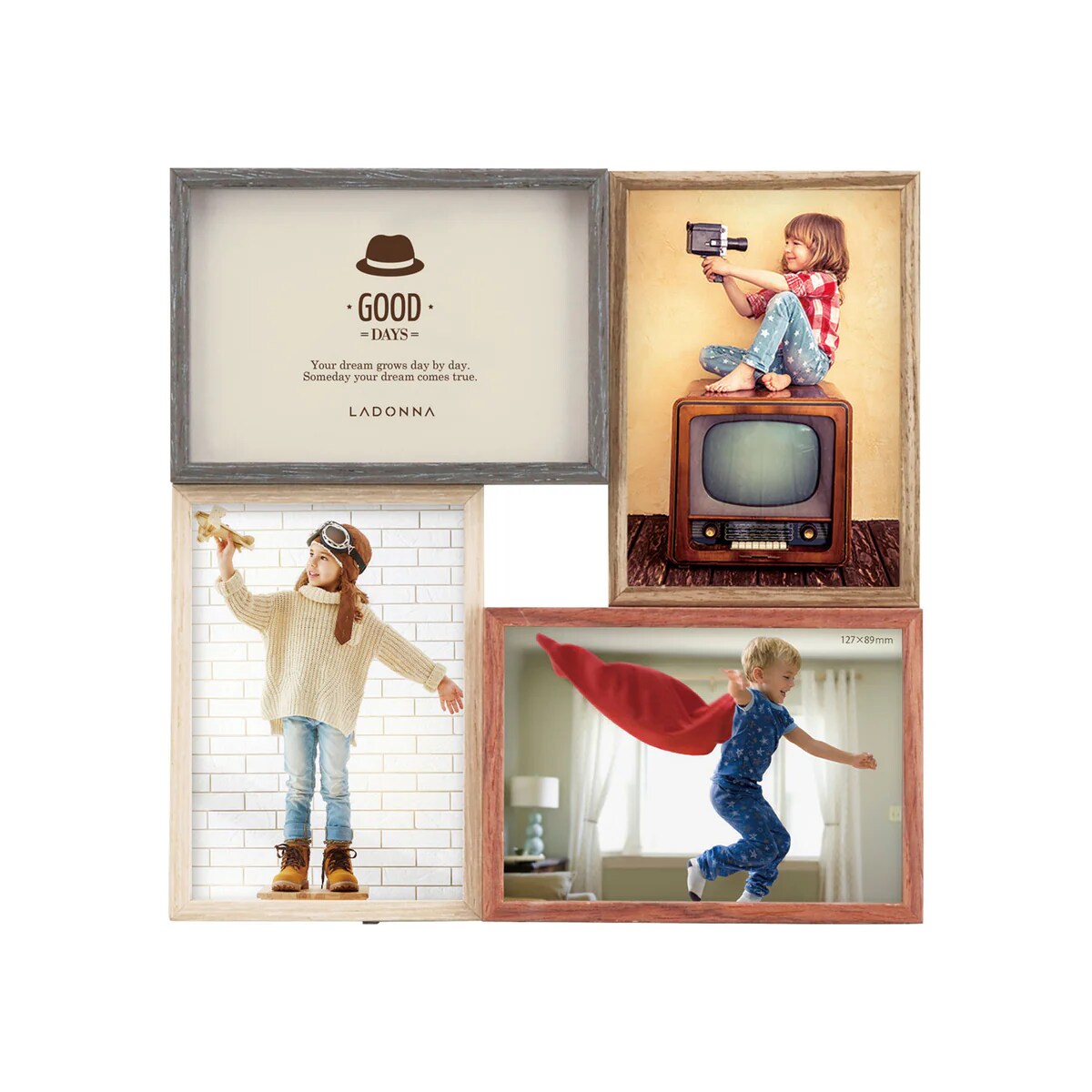 メーカー：ラドンナシリーズ：リビング型番：DF83-40外寸(mm)：231×231内寸(mm)：128×90×4コ窓寸(mm)：122×84×4コ主な材質：ベニヤ、MDF写真サイズ：L判×4マットペーパー対応写真サイズ：マットペーパーなし...