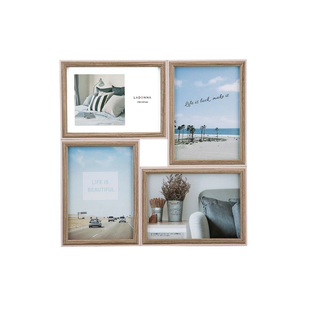 メーカー：ラドンナシリーズ：リビング型番：DF85-2L-40-IV外寸(mm)：343×343内寸(mm)：128×179×4コ窓寸(mm)：120×171×4コ主な材質：ベニヤ、紙、MDF写真サイズ：2L判×4マットペーパー対応写真サイ...