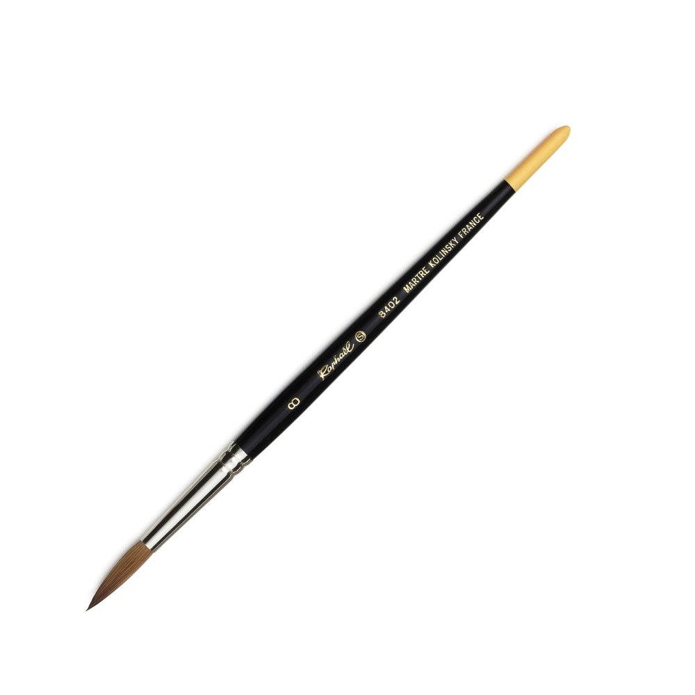毛質：コリンスキー形状：丸（細描） サイズ：8号　　　　　口金の直径 6mm　　　　毛丈 27mm　特徴：ハンドルの先端が黄色丸、細描き　細密描写備考：最高級のロシア北部のコリンスキーを使用することにより、含みが良く穂先が揃い、適度なコシがあります。8404、8408と同じ毛質を使用。ラファエルはコリンスキーの毛を使用した形の異なる3種類の穂先を生産する唯一のメーカーです。8402は少々細めの丸(細描)、それより穂先が細くなるものが8408(極細)、逆に太くなるものが8404(中細)となります。※写真は実寸ではありません。※商品画像は見本です。お届けの商品は、ご注文のサイズの筆になります。JAN(EAN)コード：3046450049067沖縄県と一部離島へはお届けできません。